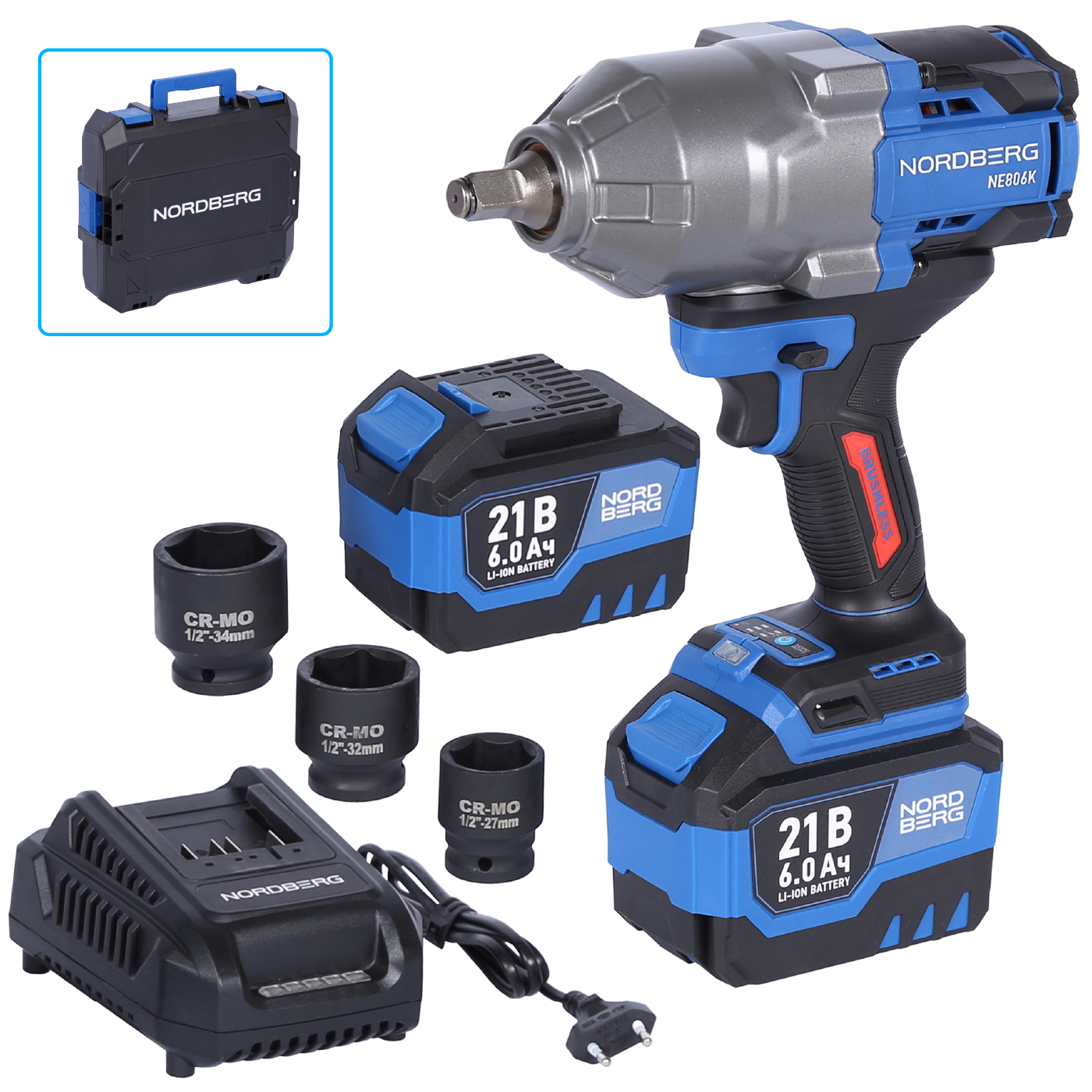 Гайковерт аккумуляторный, 1/2", 21 В, 1500 Нм, 2 аккумулятора 6 A и зарядное устройство, в кейсе