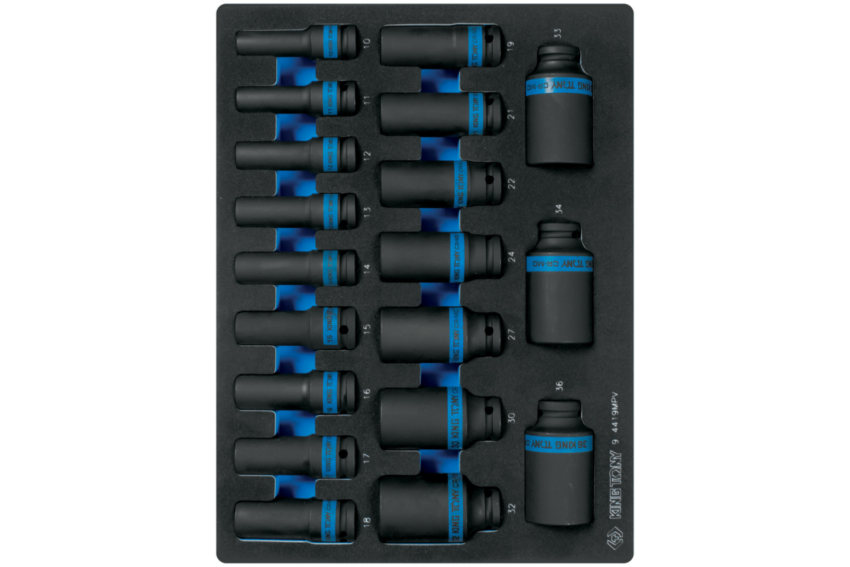 Набор ударных глубоких торцевых головок 1/2"", шестигранные, 10-36 мм, ложемент, 19 предмет