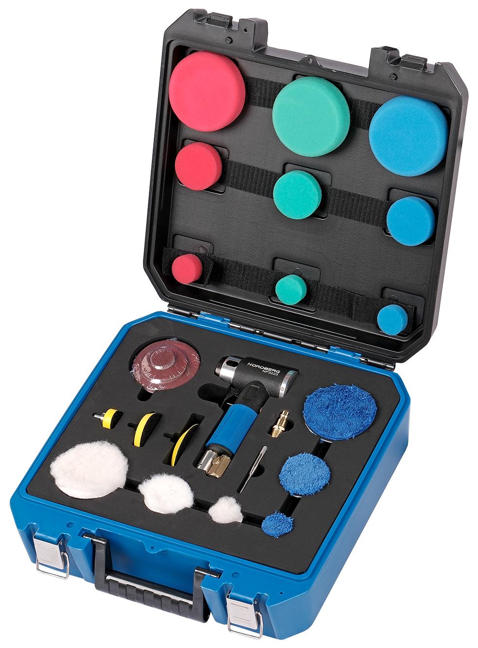 Пневмошлифмашинка угловая орбитальная, эксцентрик, в комплекте с насадками, диам. 25, 50, 75 мм 