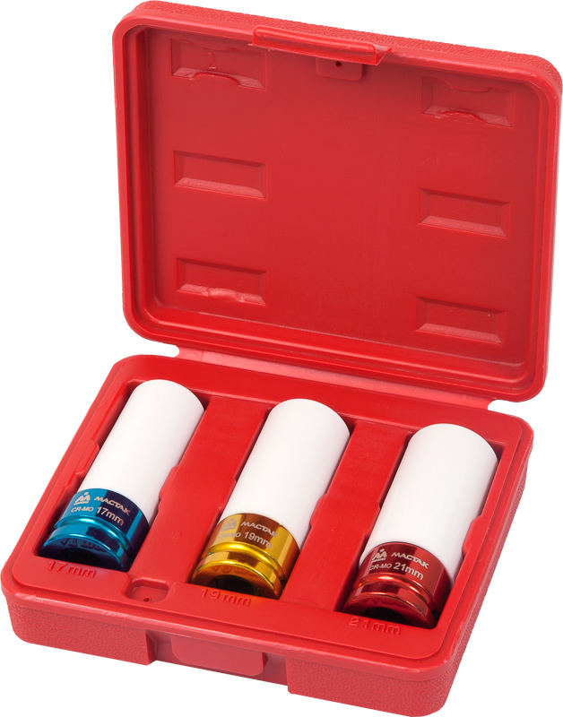 Набор ударных глубоких шестигранных головок 1/2" 17, 19, 21 мм, пластиковое покрытие, кейс, 3 предмета