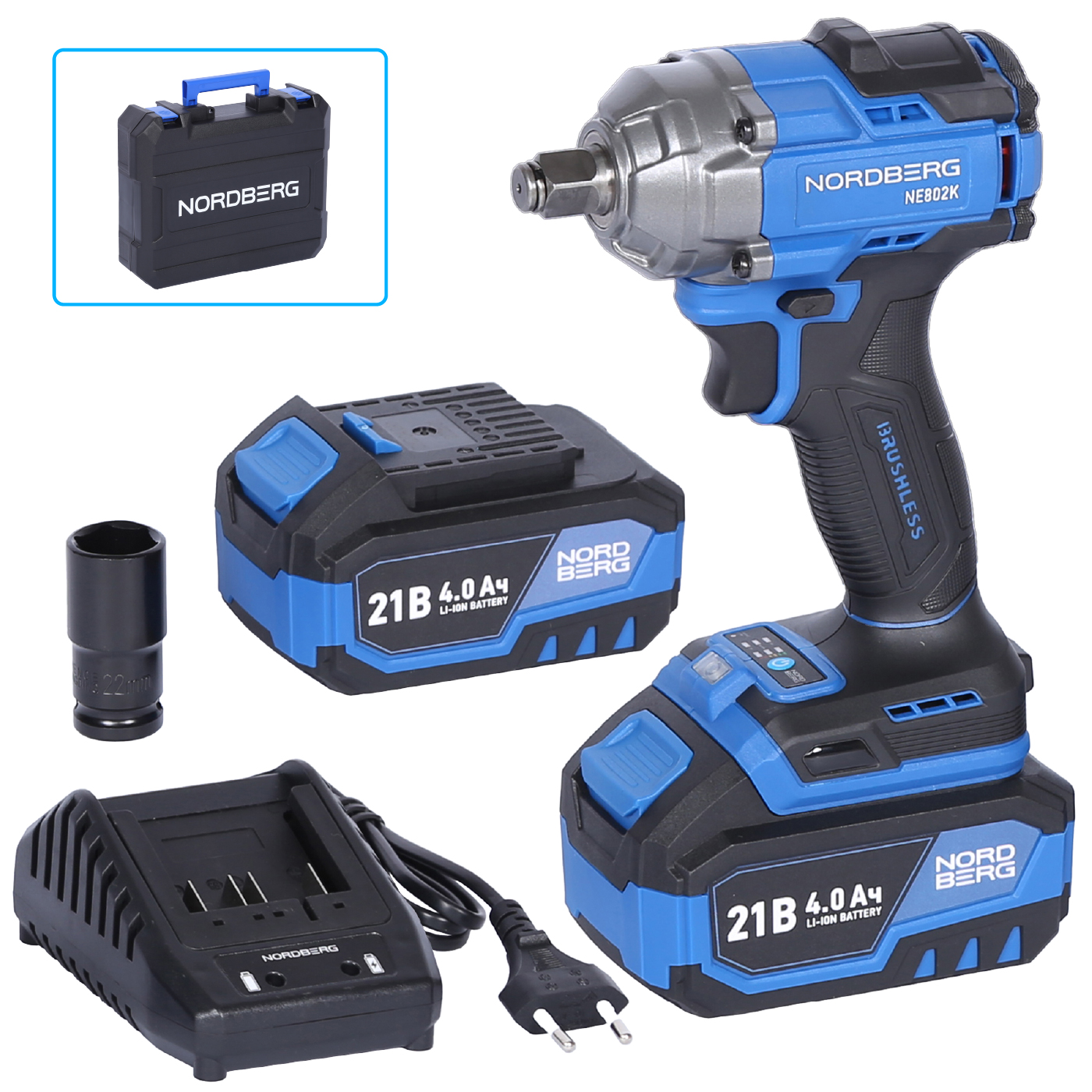 Гайковерт аккумуляторный, 1/2", 21 В, 500 Нм, 2 аккумулятора 4 A и зарядное устройство, в кейсе