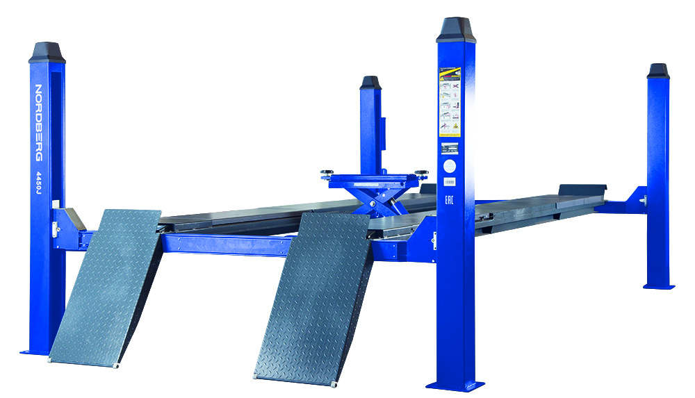 Подъемник четырехстоечный 5 т, c траверсой от гидростанции 3 т, синий