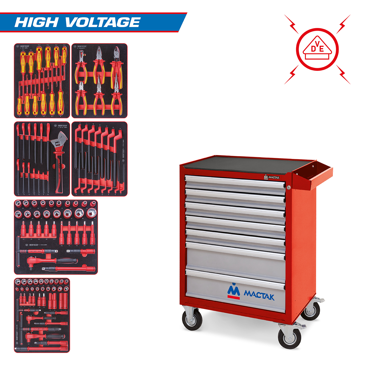 Набор инструментов "HIGH VOLTAGE" в красной тележке, 117 предметов