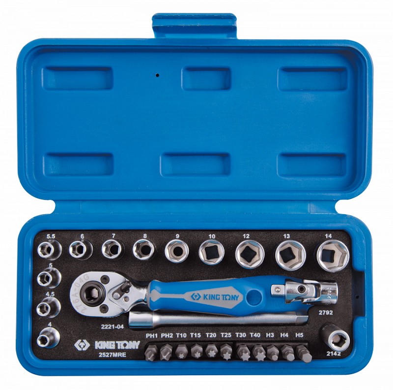 Набор торцевых головок с принадлежностями 1/4"", шестигранные, 4-14 мм, 27 предметов