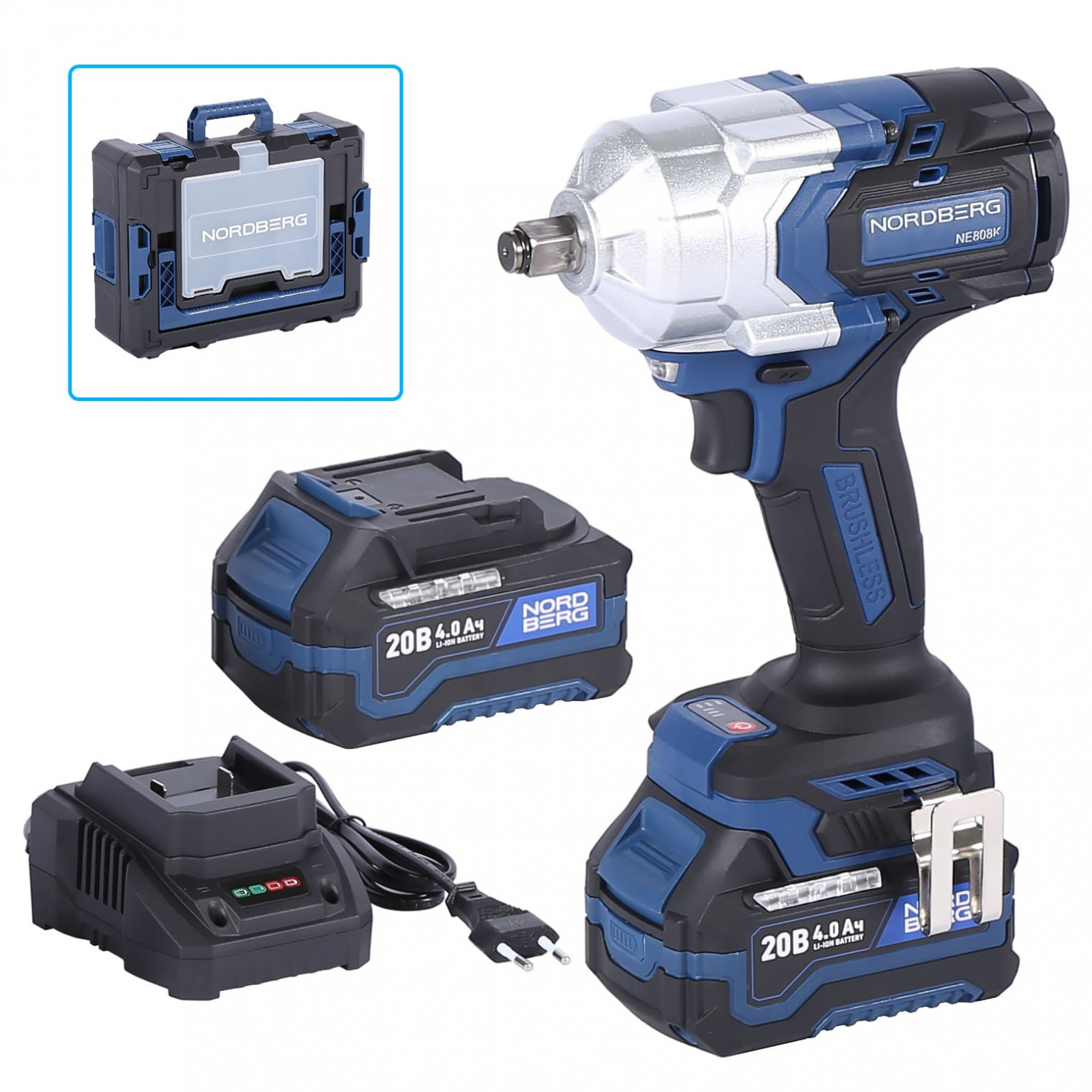 Гайковерт аккумуляторный, 1/2", 20 В, 1000 Нм, 2 аккумулятора 4 A и зарядное устройство, в кейсе