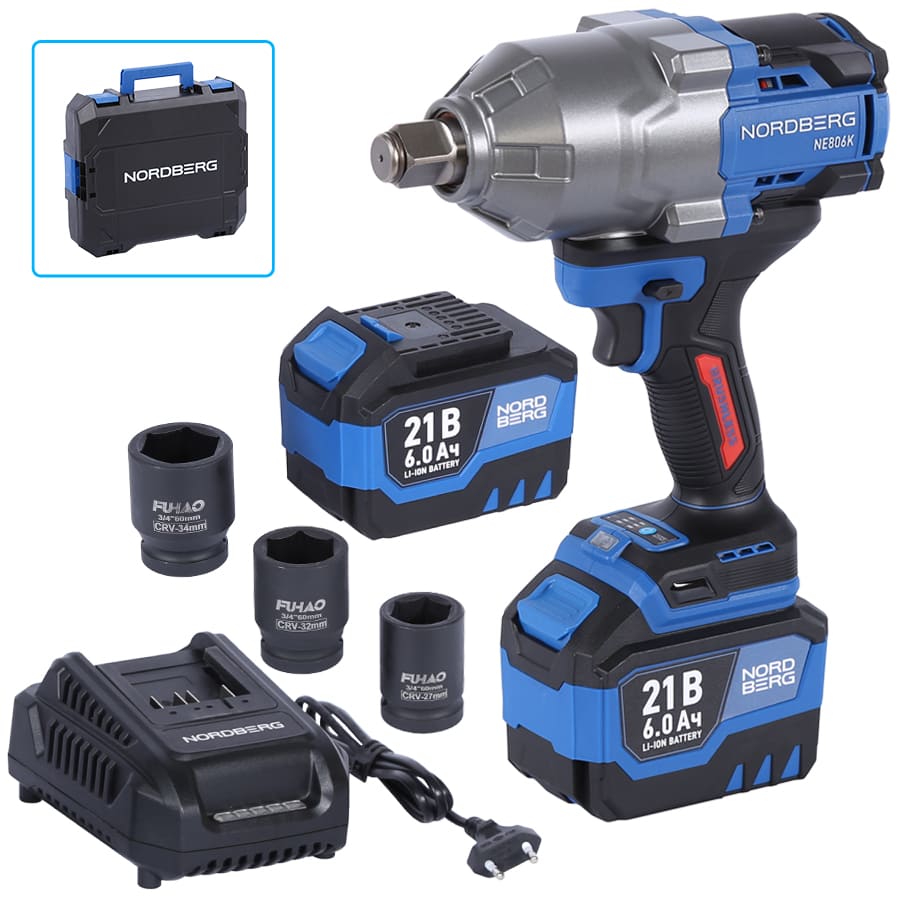 Гайковерт аккумуляторный, 3/4", 21 В, 1500 Нм, 2 аккумулятора 6 A и зарядное устройство, в кейсе 