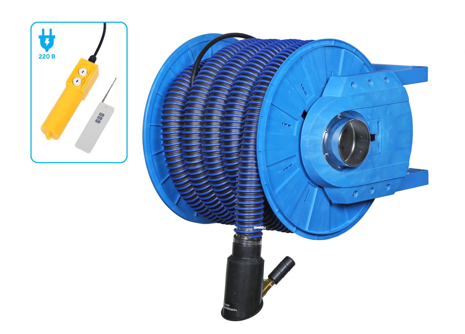 Катушка для сбора выхлопных газов с автоматическим приводом со шлангом L=8 м, D=75 мм и насадкой 