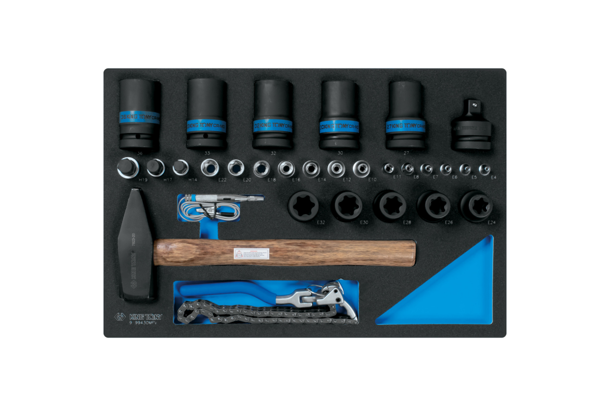 Набор ударных головок 1"", головок TORX Е-стандарт, молоток, съемник, тестер, ложемент, 30 