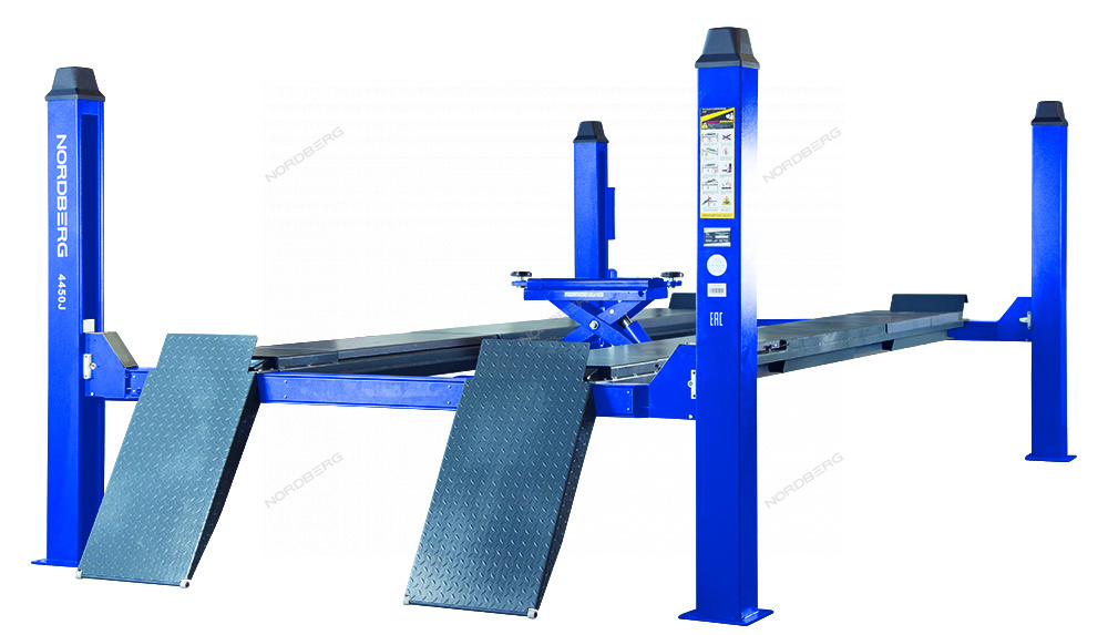 Подъемник четырехстоечный 5 т, c траверсой от гидростанции 3 т, синий