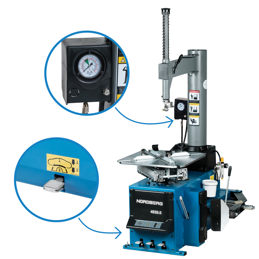 Станок шиномонтажный полуавтомат, двухскоростной, подкачка педалью, усиленный отжим, 380 В, синий