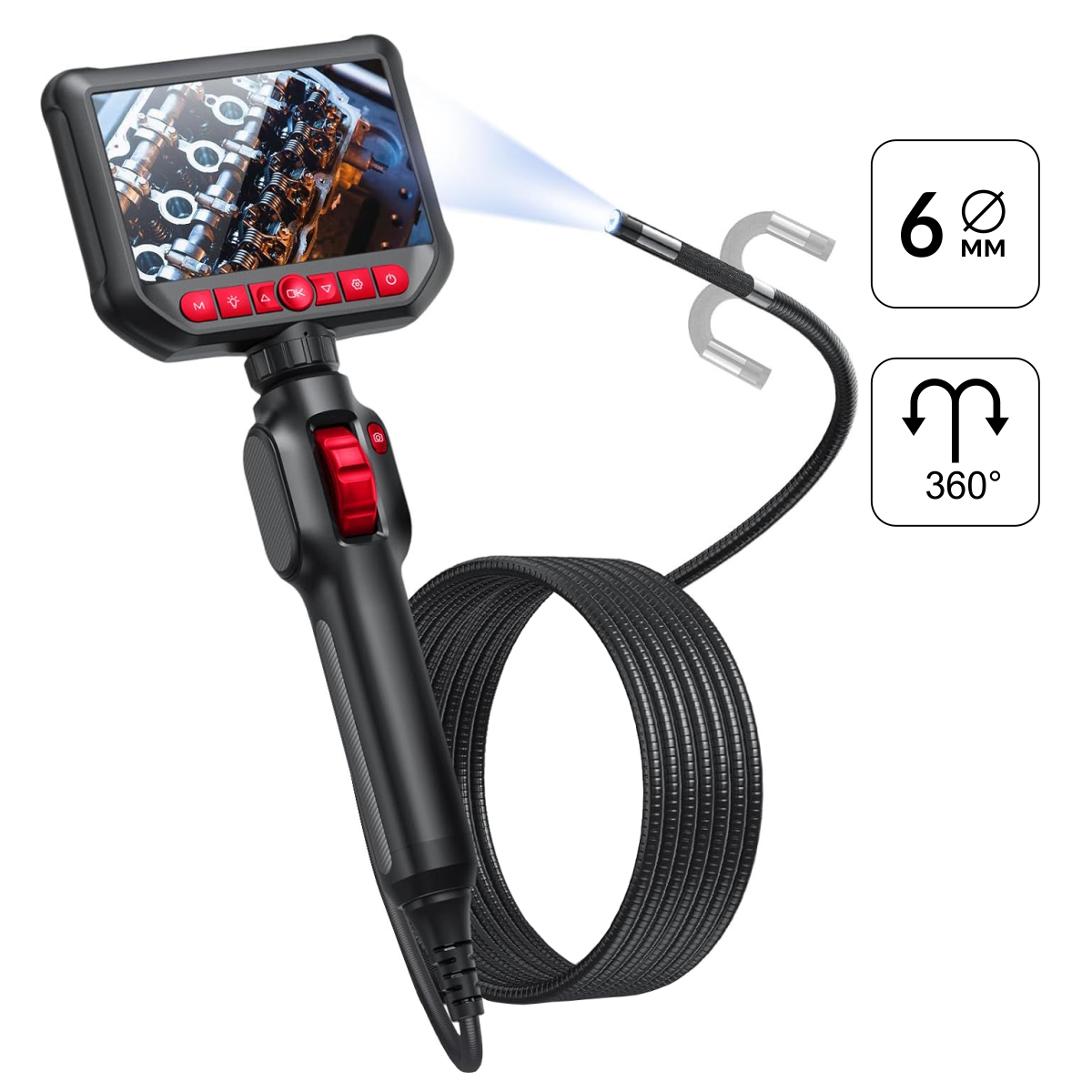 Видеоэндоскоп управляемый, экран 4.3", 2Мп, 1920х1080, 1.5м, зонд 6мм, 360°