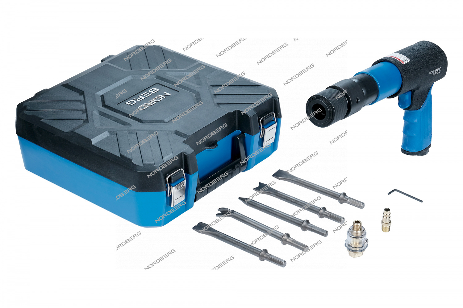 Пневмозубило 250 мм, с комплектом насадок и быстросъемным держателем в кейсе NORDBERG NP5070K