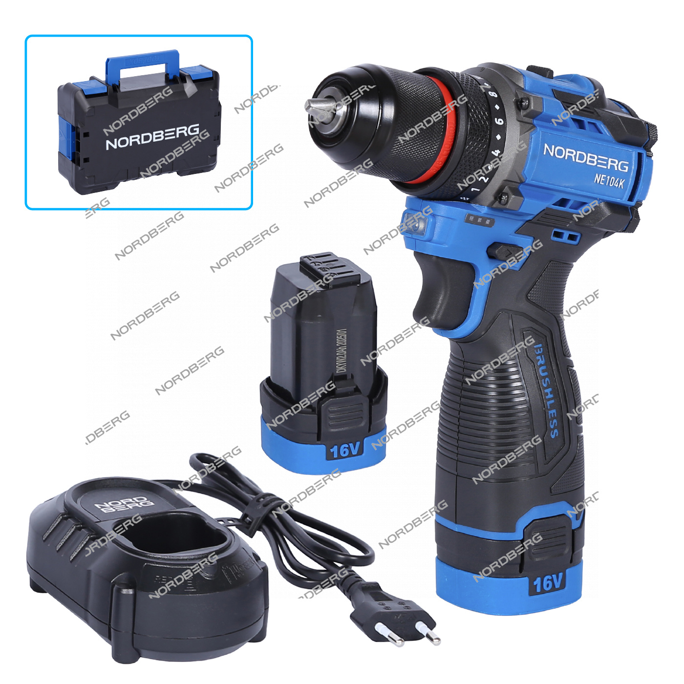 Шуруповерт аккумуляторный макс.диам. сверла 10 мм, 16 В, 60 Нм с 2 аккумуляторами и зарядным уст-вом NORDBERG NE104K