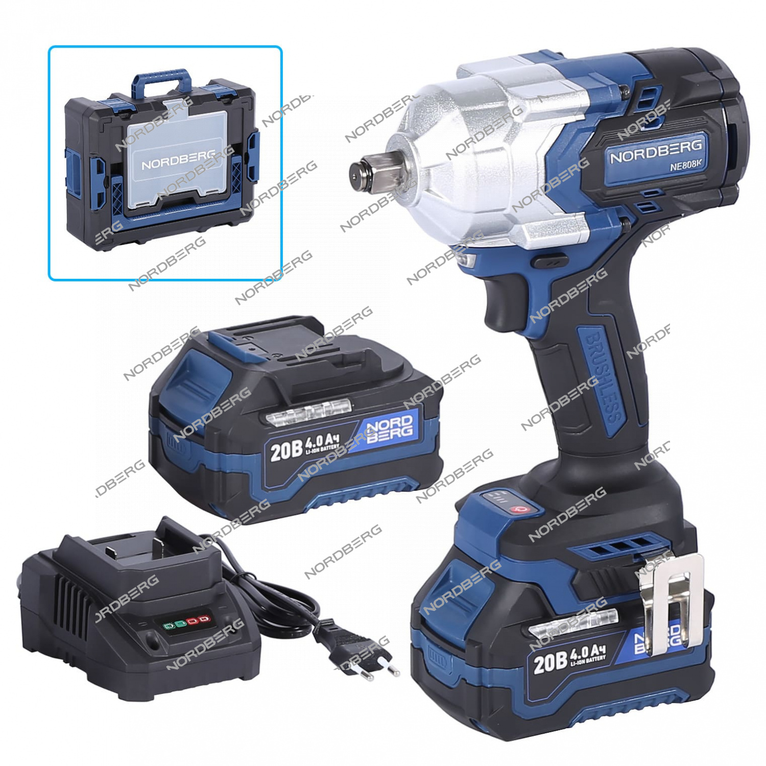 Гайковерт аккумуляторный, 1/2", 20 В, 1000 Нм, 2 аккумулятора 4 A и зарядное устройство, в кейсе NORDBERG NE808K